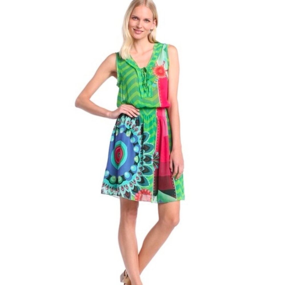 •SOLD•DESIGUAL Green Damen Kleid Smocked Waist Sleeveless Women's Boho Dress M